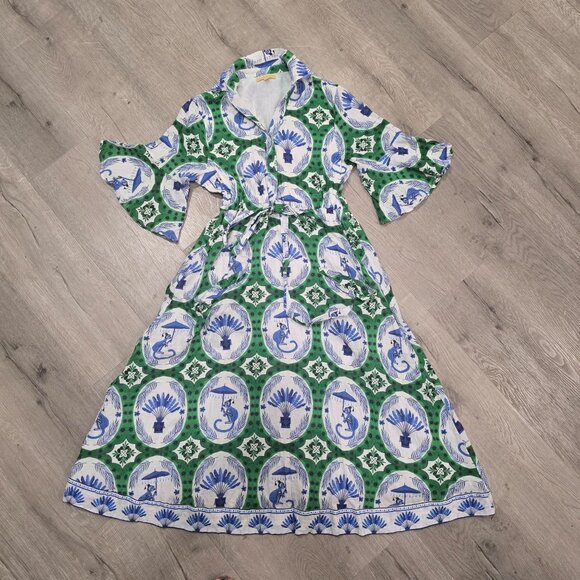 Isla Payal  COMO MIDI | MONKEY CHINOISERIE JADE & Blue Floral Print Maxi Dress S - Picture 12 of 12